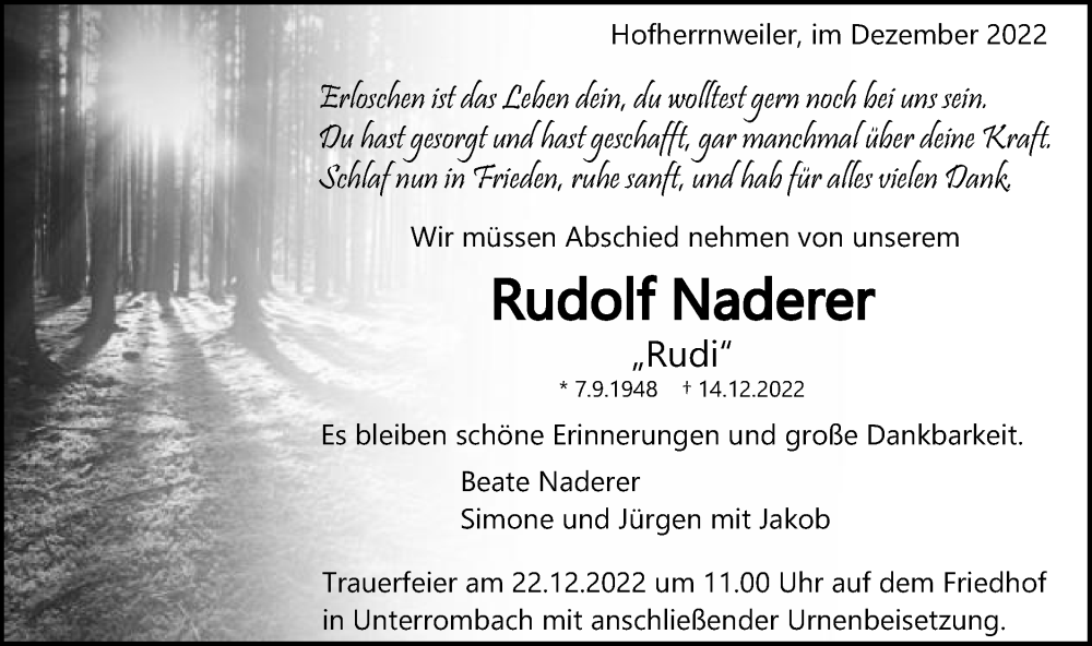  Traueranzeige für Rudolf Naderer vom 20.12.2022 aus Schwäbische Post