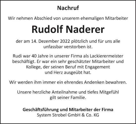 Traueranzeige von Rudolf Naderer von Schwäbische Post