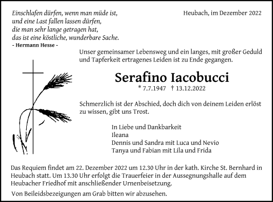 Traueranzeige von Serafino Iacobucci von Gmünder Tagespost
