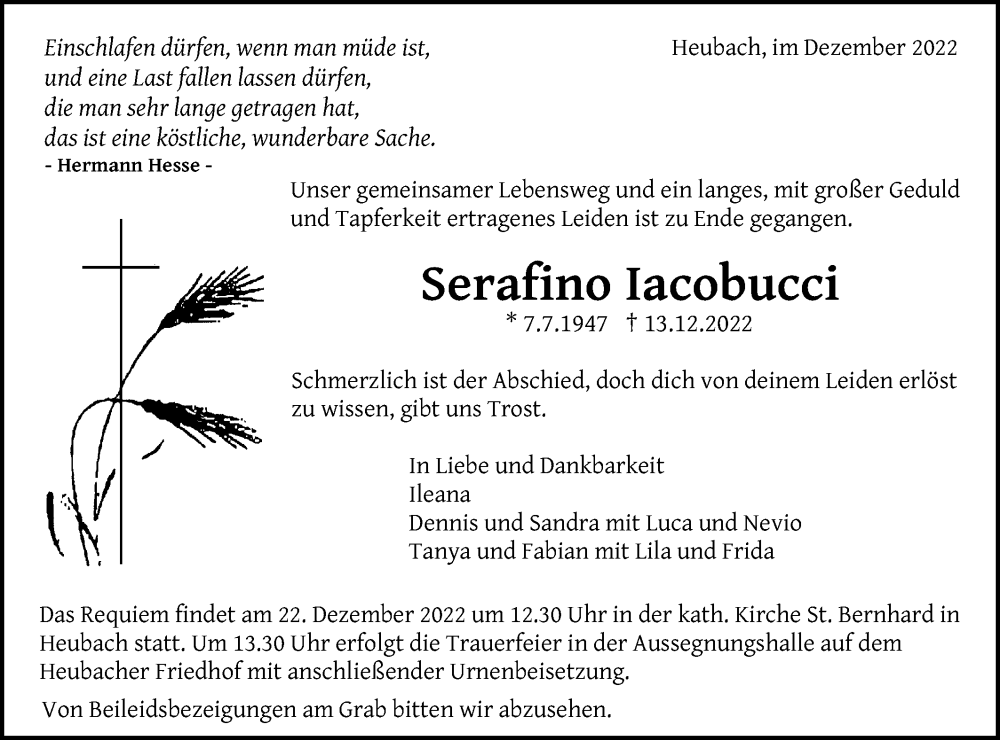  Traueranzeige für Serafino Iacobucci vom 19.12.2022 aus Gmünder Tagespost