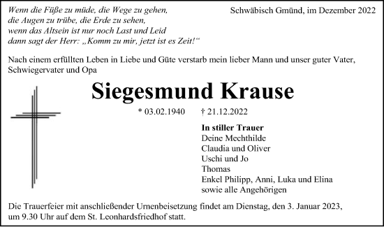 Traueranzeige von Siegesmund Krause von Gmünder Tagespost
