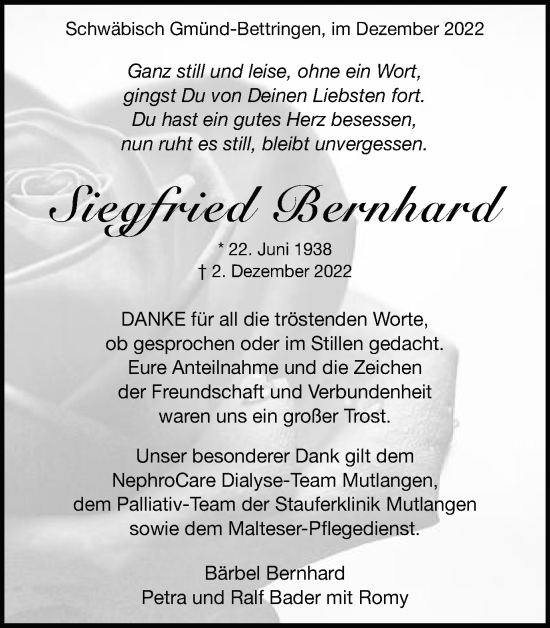 Traueranzeige von Siegfried Bernhard von Gmünder Tagespost