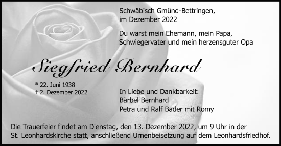 Traueranzeige von Siegfried Bernhard von Gmünder Tagespost