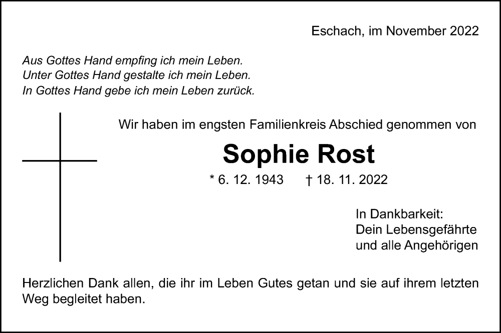  Traueranzeige für Sophie Rost vom 01.12.2022 aus Gmünder Tagespost