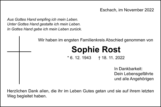 Traueranzeige von Sophie Rost von Gmünder Tagespost