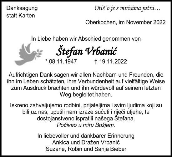 Traueranzeige von Stefan Vrabnic von Amtsblatt_Oko