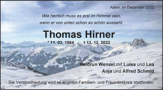 Traueranzeige von Thomas Hirner von Schwäbische Post
