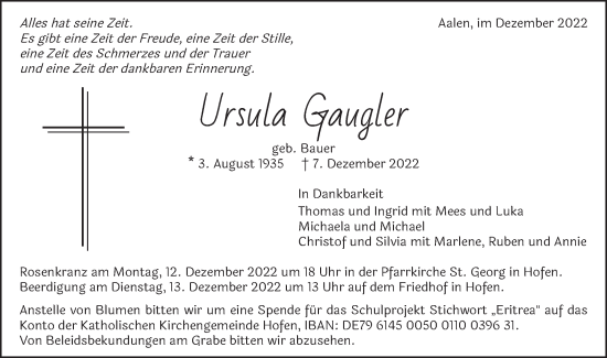 Traueranzeige von Ursula Gaugler von Schwäbische Post