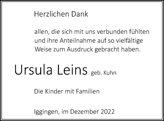 Traueranzeige von Ursula Leins von Gmünder Tagespost