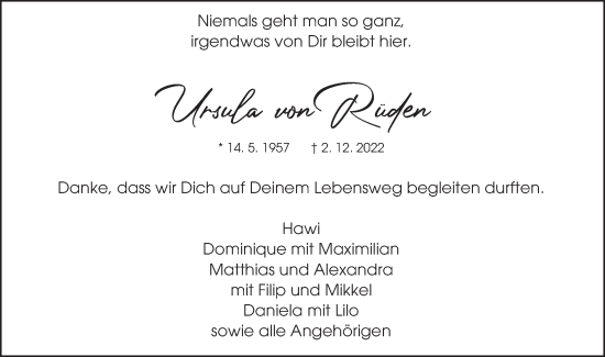Traueranzeige von Ursula von Rüden von Schwäbische Post