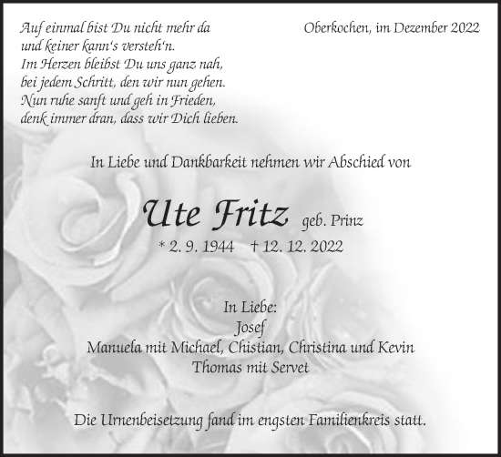 Traueranzeige von Ute Fritz von Amtsblatt_Oko