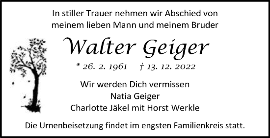 Traueranzeige von Walter Geiger von Schwäbische Post