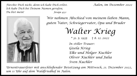 Traueranzeige von Walter Krieg von Schwäbische Post