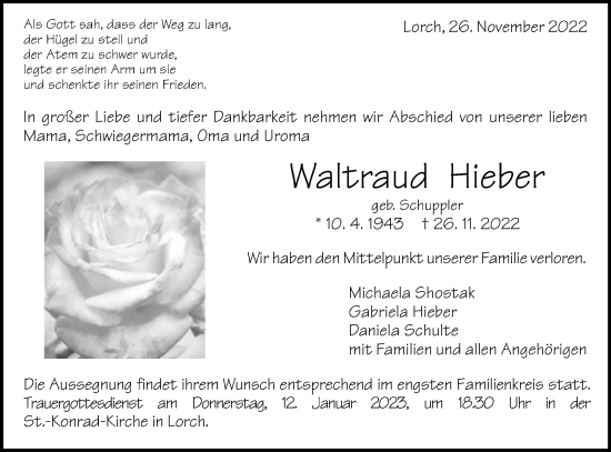 Traueranzeige von Waltraud Hieber von Gmünder Tagespost
