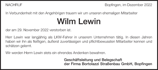 Traueranzeige von Wilm Lewin von Bopfinger Stadtanzeiger