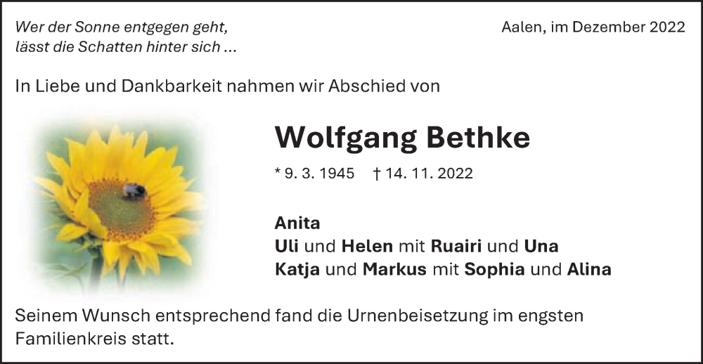  Traueranzeige für Wolfgang Bethke vom 01.12.2022 aus Schwäbische Post