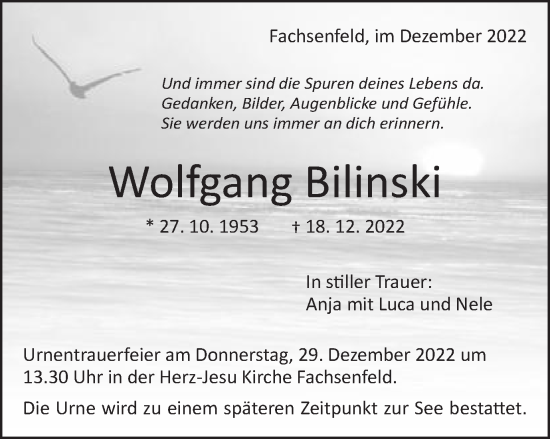 Traueranzeige von Wolfgang Bilinski von Schwäbische Post