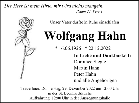 Traueranzeige von Wolfgang Hahn von Gmünder Tagespost