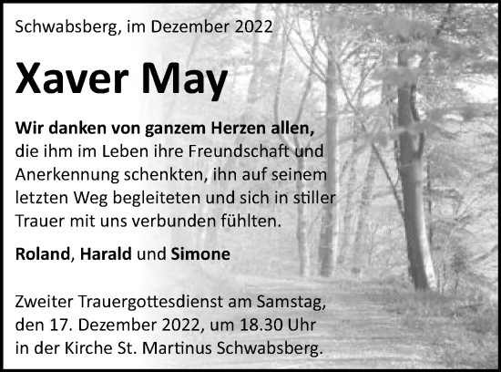 Traueranzeige von Xaver May von Schwäbische Post