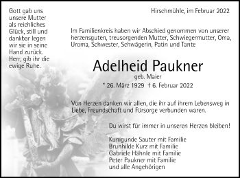 Traueranzeige von Adelheid Paukner von Gmünder Tagespost
