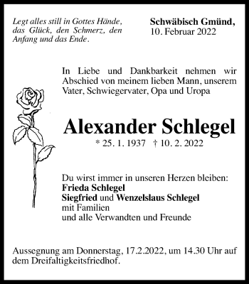 Traueranzeige von Alexander Schlegel von Gmünder Tagespost