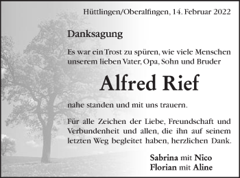 Traueranzeige von Alfred Rief von Schwäbische Post