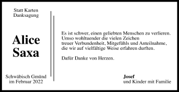 Traueranzeige von Alice Saxa von Gmünder Tagespost