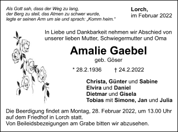 Traueranzeige von Amalie Gaebel von Gmünder Tagespost