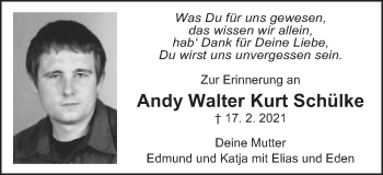 Traueranzeige von Andy Walter Kurt Schülke von Schwäbische Post