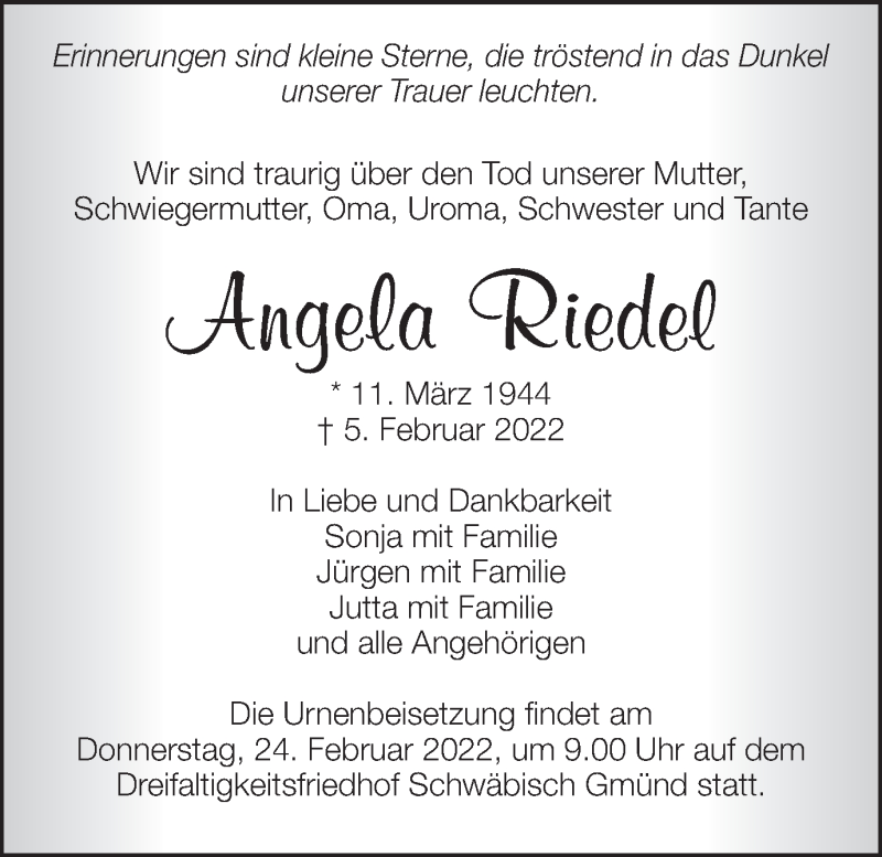 Traueranzeige für Angela Riedel vom 16.02.2022 aus Gmünder Tagespost