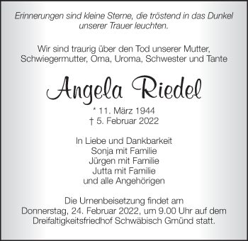 Traueranzeige von Angela Riedel von Gmünder Tagespost