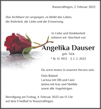 Traueranzeige von Angelika Dauser von Schwäbische Post