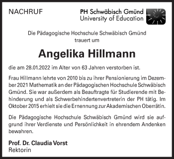 Traueranzeige von Angelika Hillmann von Gmünder Tagespost
