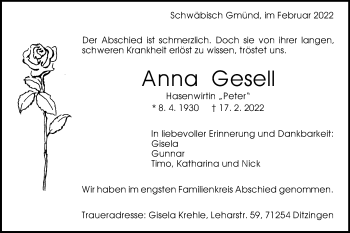 Traueranzeige von Anna Gesell von Gmünder Tagespost