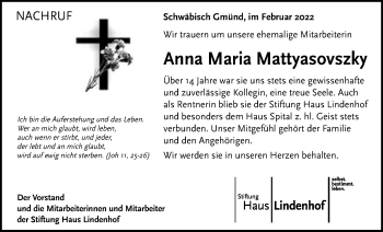Traueranzeige von Anna Maria Mattyasovszky von Gmünder Tagespost