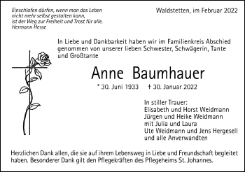 Traueranzeige von Anne Baumhauer von Gmünder Tagespost