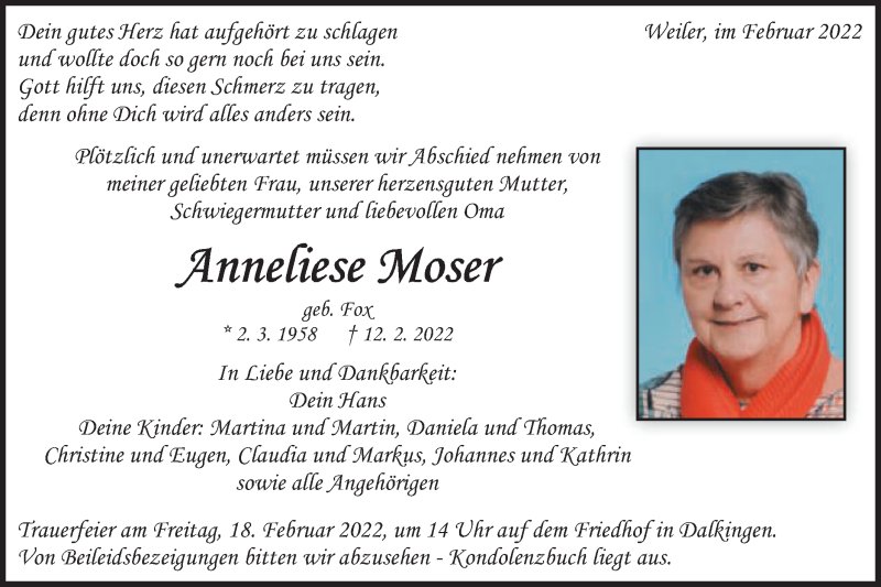  Traueranzeige für Anneliese Moser vom 16.02.2022 aus Schwäbische Post