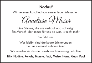 Traueranzeige von Anneliese Moser von Schwäbische Post