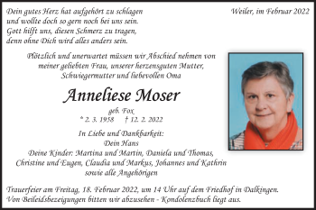 Traueranzeige von Anneliese Moser von Schwäbische Post