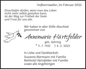 Traueranzeige von Annemarie Härtsfelder von Schwäbische Post