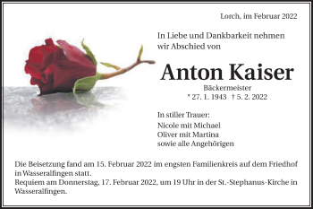 Traueranzeige von Anton Kaiser von Gmünder Tagespost