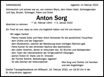 Traueranzeige von Anton Sorg von Schwäbische Post