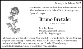 Traueranzeige von Bruno Bretzler von Gmünder Tagespost