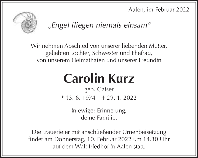  Traueranzeige für Carolin Kurz vom 03.02.2022 aus Schwäbische Post