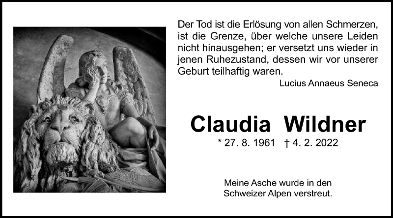  Traueranzeige für Claudia Wildner vom 16.02.2022 aus Gmünder Tagespost