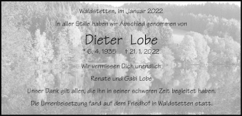 Traueranzeige von Dieter Lobe von Gmünder Tagespost
