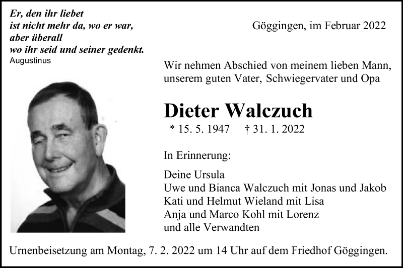  Traueranzeige für Dieter Walczuch vom 04.02.2022 aus Gmünder Tagespost