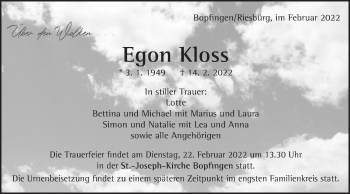 Traueranzeige von Egon Kloss von Schwäbische Post