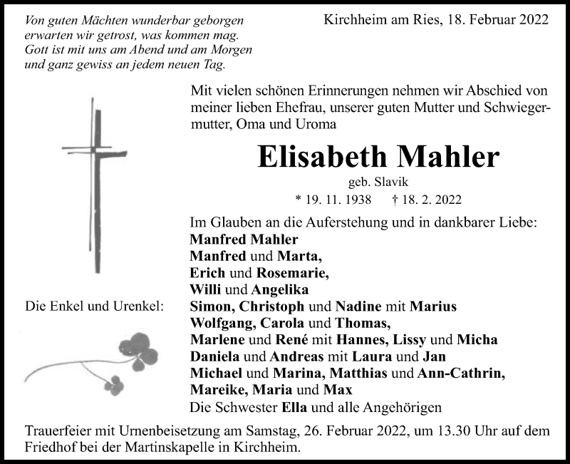  Traueranzeige für Elisabeth Mahler  vom 23.02.2022 aus Schwäbische Post