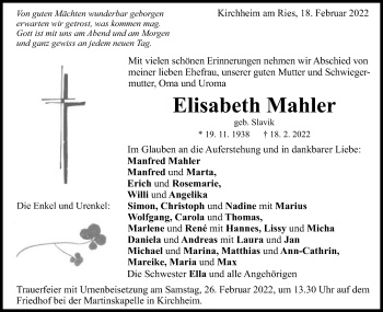 Traueranzeige von Elisabeth Mahler  von Schwäbische Post
